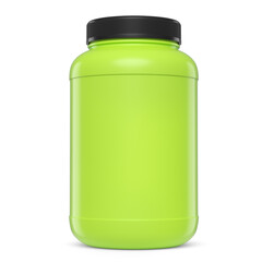 Green plastic jar for sport nutrition whey protein powder isolated on white