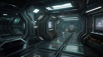 Create a sci-fi space station with sleek technology and high-tech weaponry