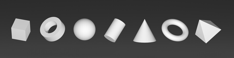 Set of 3d shapes. 3d render white geometric shapes isolated on grey background. Realistic primitives. Geometry elements. Collection: cube, tube, ball, cylinder pyramid, cone and bagel.