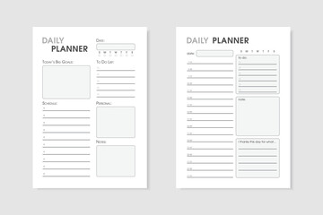 Two monochrome daily planners in same style. Simple minimalist design of organizer schedule page with to do list for day for effective planning