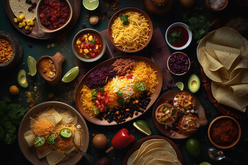 Delicious mexican food over head shot in warm lighting