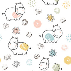 Seamless pattern from a set of children's primitive drawings of hippos and different elements in pastel colors. Cute design with a black outline in a flat style on a white background.