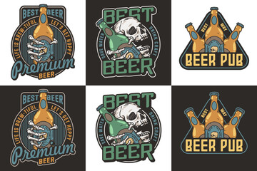 Skeleton beer set with bottle in bone hand. Brewery emblem, craft beer vector logo or print for pub, bar or beer store