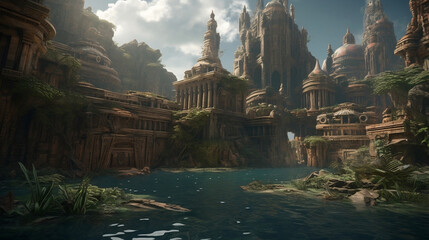 realistic illustrations of lost ancient cities"Echoes of Lost Civilizations: AI-Generated Images of Ancient Cities". Created using generative AI.