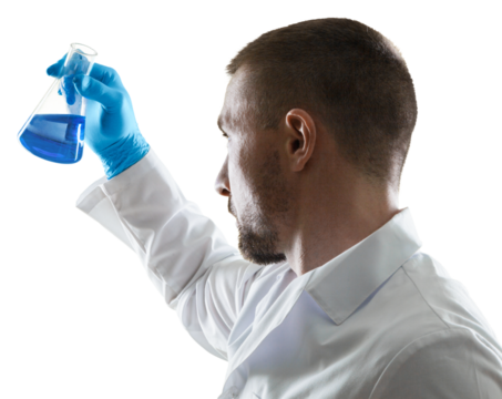 Scientist man with liquid in a researcher test tube