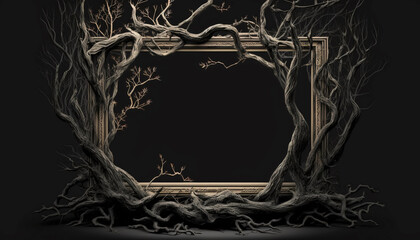 Branches of tree roots frame an empty frame, black background.Generative AI. - obrazy, fototapety, plakaty