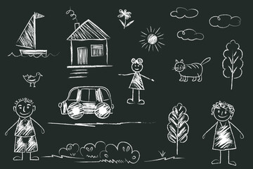 Set of objects drawn child. little girl, mom, dad, woman, man, house, bird, cat, sun, clouds, car, flower, tree, ship. Children's doodle elements drawn with white chalk or pencil on black school board