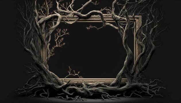 Branches of tree roots frame an empty frame, black background.Generative AI.