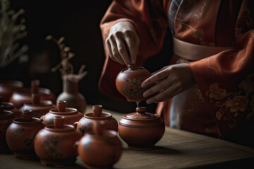 A beautiful and atmospheric photo of a woman artisan creating pottery on a wooden table in a studio setting.. Generative Ai