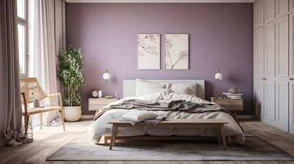 Interior of stylish bedroom with lilac wall, generative ai