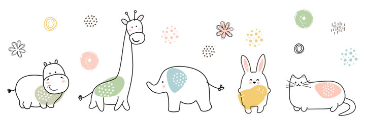 Seamless horizontal   children's primitive patterns - hippopotamus, giraffe, cat, elephant, rabbit, various doodle elements. pastel colors Cute design black outline flat style. white background