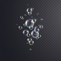Bubble with rainbow colors isolated on transparent background. Vector water bath foam bubbl template. Colorful detergent, laundry soap balls or spheres