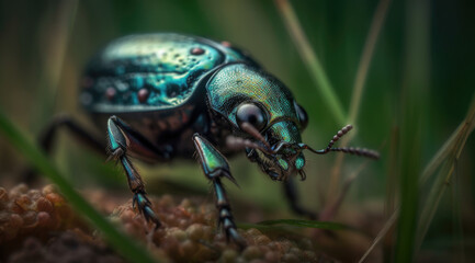 Naklejka premium Tiny black beetle with iridescent green spots crawling.