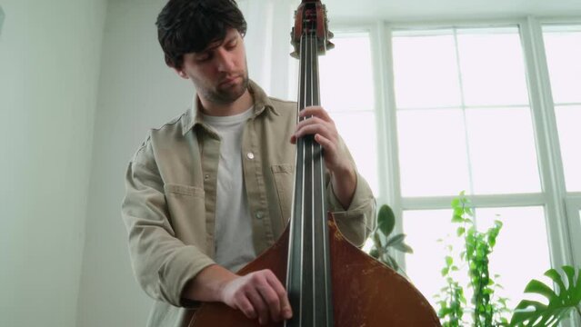 Double bass strings. Hands playing contrabass player. String musical instrument