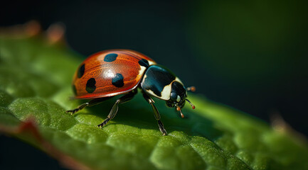 Fototapeta premium Tiny Ladybug Crawls Across Red and Black Leaf, PNG Image.