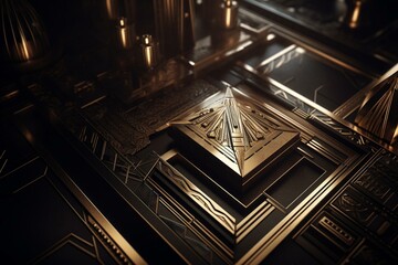 Art deco 3D illustration with golden geometric elements on black background. Generative AI