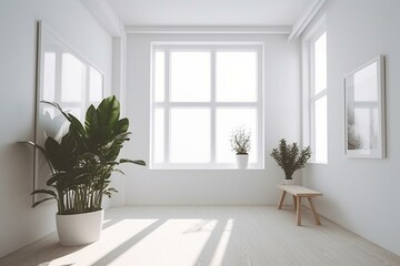 Empty white room with frame, furniture, and plants. Generative AI