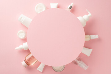 Indulge in the beauty of natural skincare with stunning top view flat lay of elegant cream bottles,...