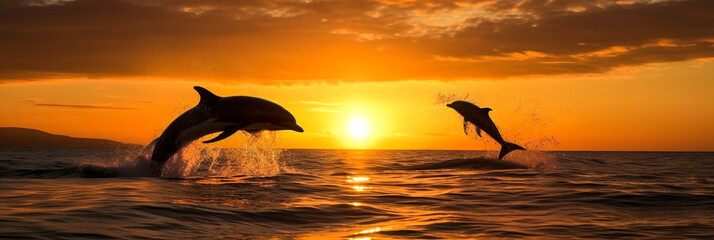 An incredible sunset sets the sky ablaze over a group of dolphins leaping and playing in the water. An extraordinary vision of marine nature. Generative AI - obrazy, fototapety, plakaty