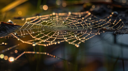 "Intricate Spiderweb Glistening in Sunlight with Dew Drops"