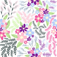 Fantasy seamless floral pattern with blue, pink, purple, red, orange flowers and leaves. Elegant template for fashion