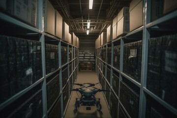 Drone delivering in storage. Generative AI