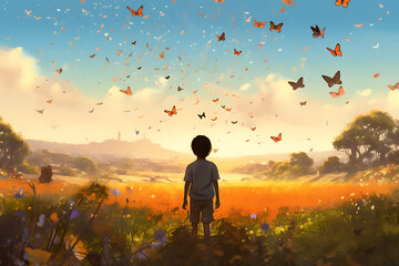 A kid looking at an open field with butterflies
