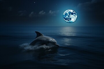 Dolphin and moon depicted together. Generative AI