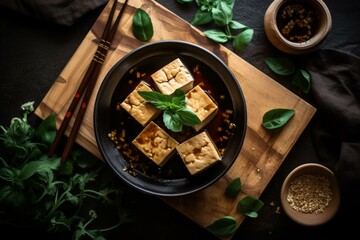 Yummy smoked tofu with soy sauce and basil on a tabletop, top-down view. Generative AI