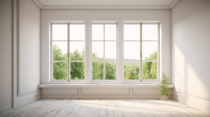 Fototapeta na wymiar Light empty modern room with a spring landscape in the window. AI generation