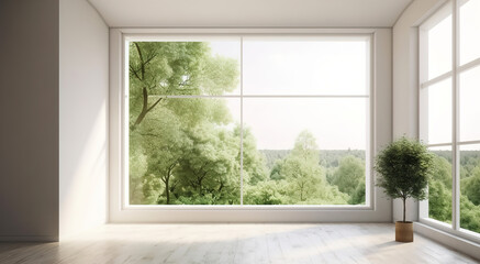 Light empty modern room with a spring landscape in the window. AI generation