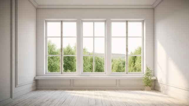 Light empty modern room with a spring landscape in the window. AI generation