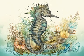 Underwater Art: An Illustration of a Tropical Seahorse Amid a Sea of Nature. Generative AI