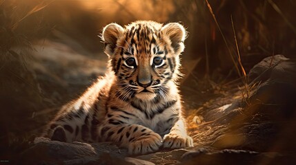 Young Predator On The Savannah: Adorable Baby Tiger Cub in Nature's Wild: Generative AI
