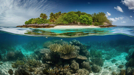 Tropical Island And Coral Reef - Split View With Waterline, generative ai