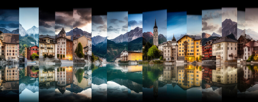 Dynamic collage composed of landscapes and monuments of Switzerland with bright colors and beautiful lights. An invitation to discover this country for tourism. Generative AI