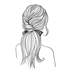 Women figure from behind with messy bun hair style. Black and white vector line art