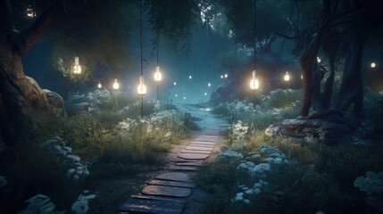 Moonlit Path Through Magical Forest: A Cinematic Journey with Unreal Engine and Insane Details in Super-Resolution and DOF Effects, Generative AI