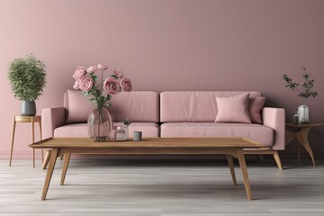 modern living room with a pink sofa and minimalist coffee table. Generative AI