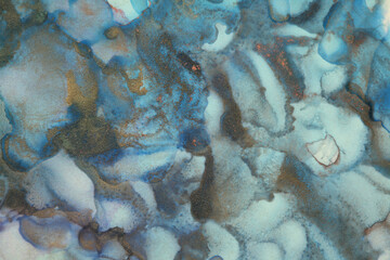 Abstract smoke watercolor and alcohol ink painting. Blue and gold Color background. Marble texture.