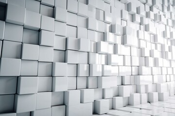 A futuristic polished wall background with white, square tile wallpaper. It features 3D square blocks in a 3D render. Generative AI