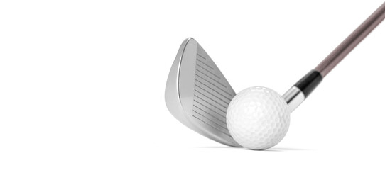 Golf club and ball at the moment of impact on white background, including clipping path