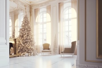 cozy living room decorated with a Christmas tree. Generative AI