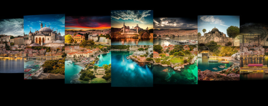 Creative and dynamically composed Turkish landscape mosaic using attractive colors and lights. Ideal for promoting Turkish tourism. Generative AI