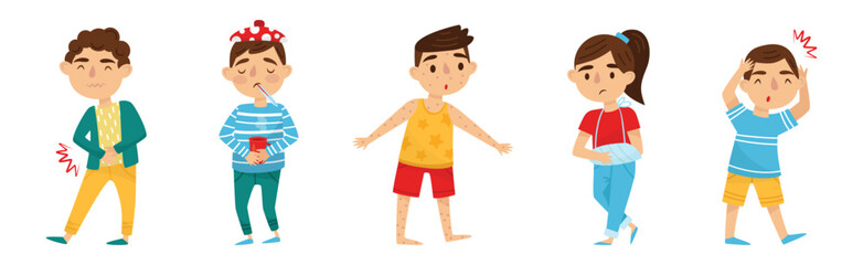 Sick Kids Feeling Unwell and Sick Vector Set
