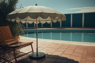 Digital artwork depicting a sunny pool by the sea, featuring an umbrella and a chair. Generative AI