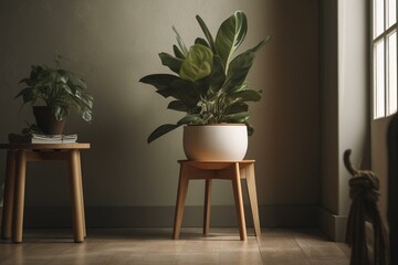 Minimalist interior with potted plant on wooden stool. 3D art. Generative AI