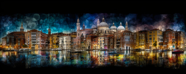 Creative collage of different landscapes of Venice, Italy offering a harmony of bright colors and beautiful lights. Ideal for tourism in the country. Generative AI