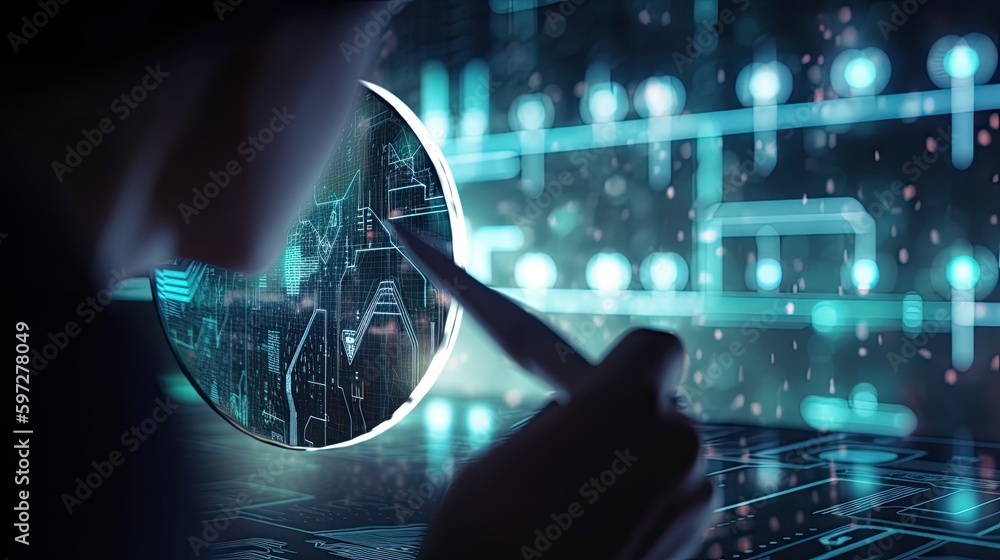 Poster securing the future: close-up of touch screen technology & ai-assisted data search concept: generati