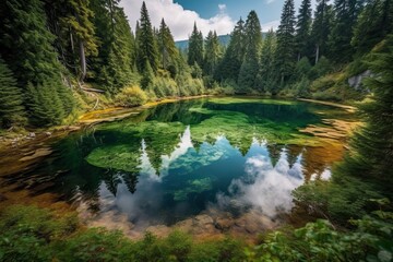 Fototapeta na wymiar The Magical Generative Lake: Human Footprints Amidst Lush Mountain Forest and Sky: Generative AI